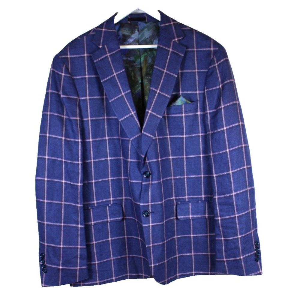 Tallia Mens Sport Coat Blue Linen Size 46R Two-Button Closure Windowpane Jacket